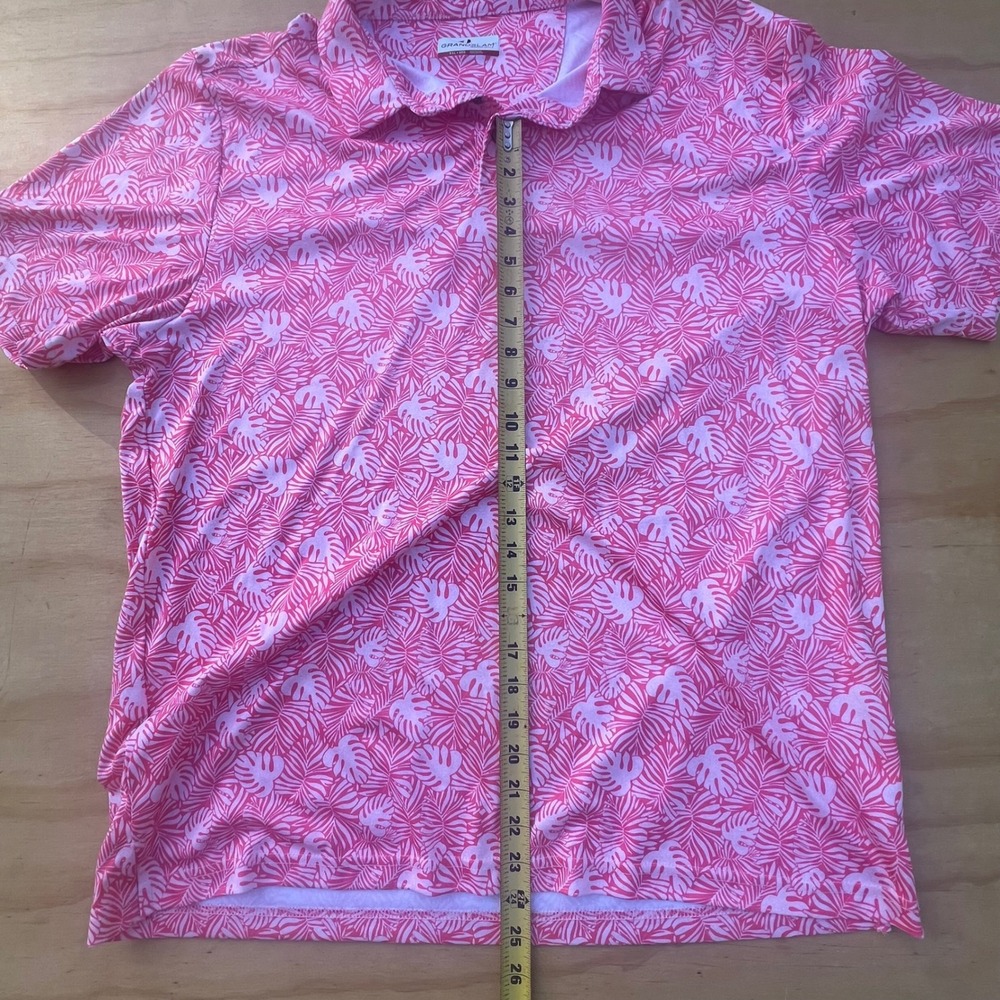 Grand Slam Performance Mens XXL Pink Tropical Monstera Leaf Print GolfPolo Shirt - Picture 2 of 6
